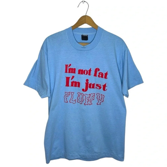 Vintage 80s Single Stitch Puff Print Graphic Tee I’m Not Fat I’m Just Fluffy L - Picture 1 of 11